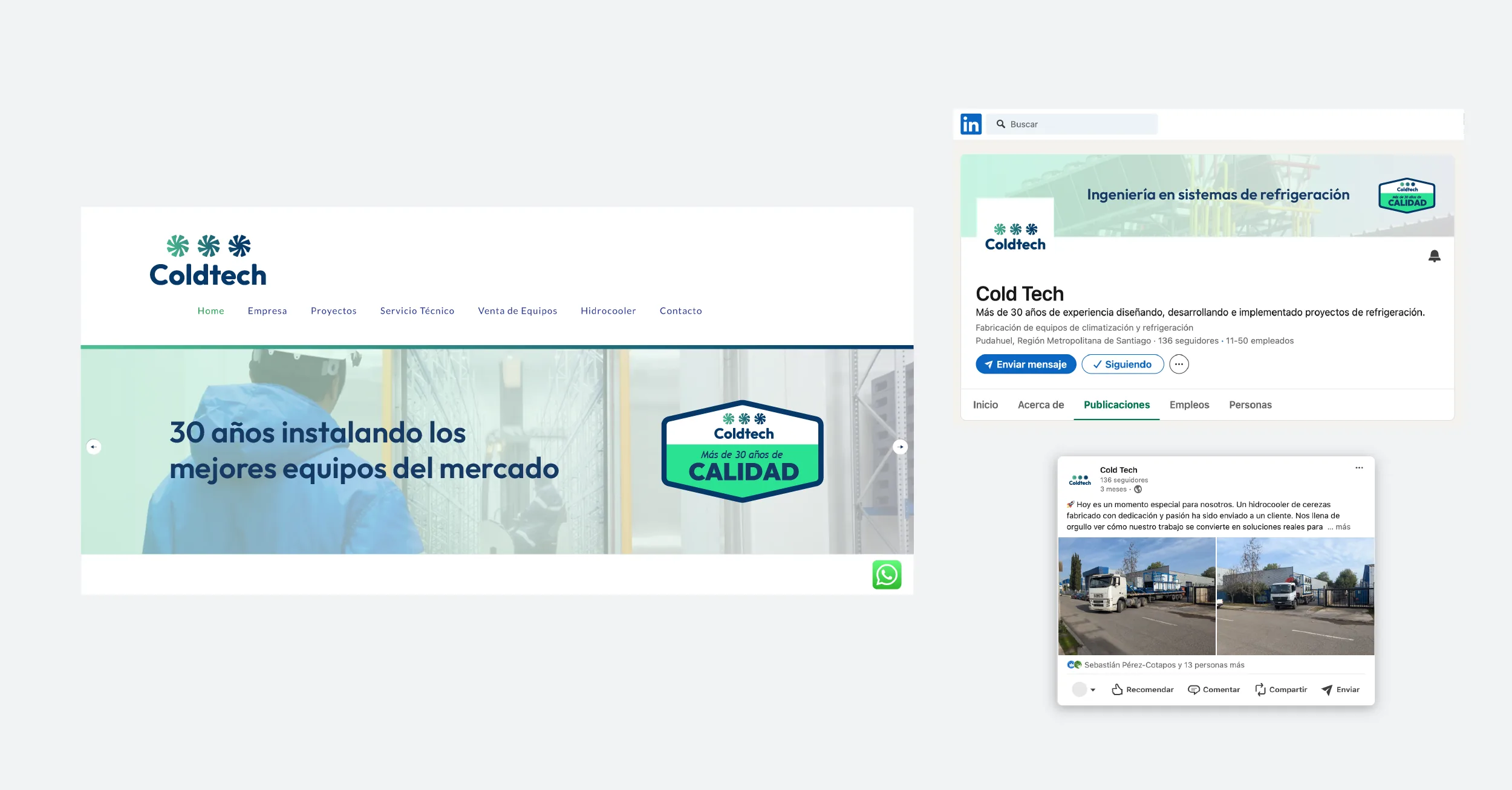 Aplicación de marca Coldtech en sitio web y LinkedIn